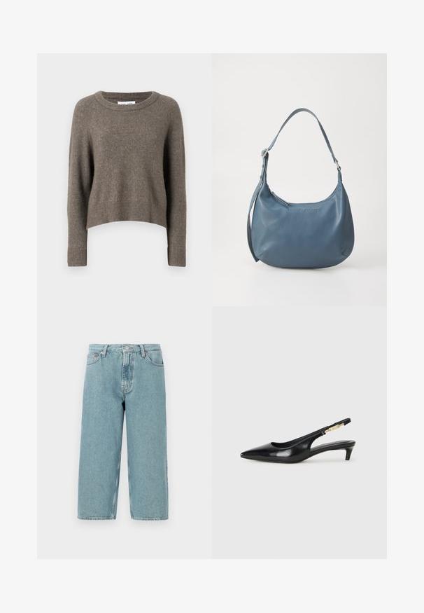 Sweater curto castanho escuro feito de material suave, com decote redondo, mangas longas e punhos e bainha canelados.; Shorts de denim azul claro com cintura alta, corte reto e bainha desfiada. Apresenta um fecho clássico de botão e zipper, além de quatro bolsos.; Saltos slingback em couro preto com bico fino, apresentando um salto esguio e um detalhe em tom dourado na alça ajustável. Textura suave.; Bolsa de couro azul com formato arredondado, alça única para o ombro, fecho em zíper e nome da marca em relevo na parte da frente. Textura suave.