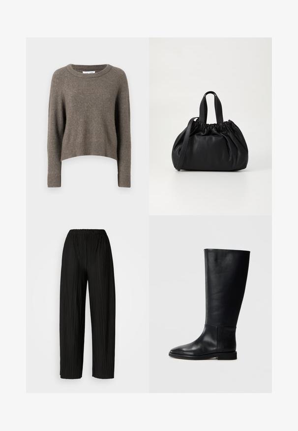 Temno rjav skrajšan pulover iz mehkega materiala, z okroglim izrezom, dolgimi rokavi ter rebrastimi manšetami in robom.; Črne široke hlače z nagubanimi hlačnicami in elastičnim pasom. Tkanina vsebuje vertikalne gube in gladko teksturo.; Črne usnjene škornje do kolen z zaobljenim nosom, gladko teksturo, minimalističnim dizajnom in ravnim podplatom. Preproste šivane detajle na zgornjem delu.; Črna usnjena torbica z zloženim zgornjim dizajnom, opremljena z dvema kratkima ročkama in dolgo nastavljivo naramnico. Gladka tekstura, okrogla oblika.
