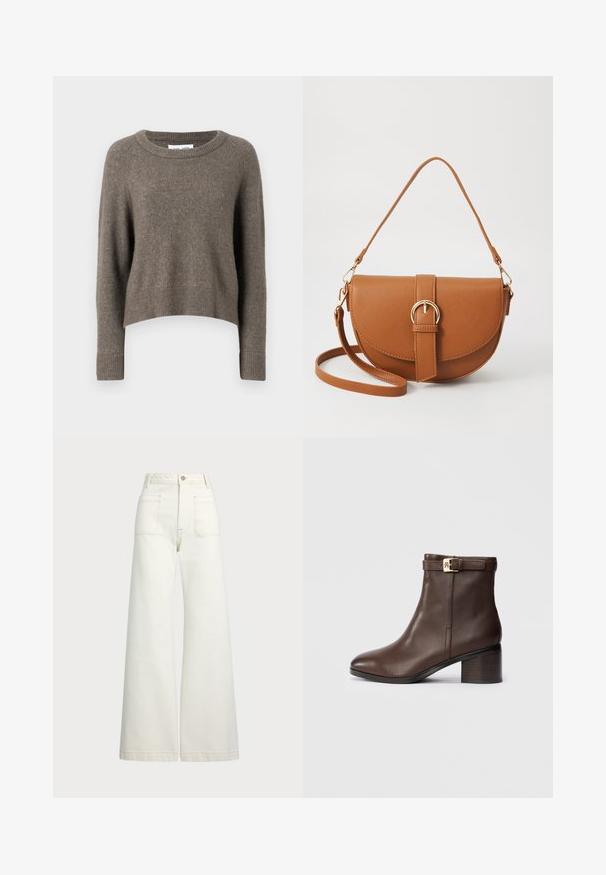 Pull court marron foncé en matériau doux, avec un col rond, des manches longues et des bords côtelés.; Jeans large en denim écru. Design taille haute avec une fermeture à bouton, deux poches avant et des détails de surpiqûres contrastantes.; Bottine en cuir marron avec un bout arrondi, un talon bas en bloc et une sangle décorative à la cheville. Texture lisse et design épuré.; Sac bandoulière en cuir marron avec une forme incurvée, quincaillerie dorée et un accent en boucle. Comprend une bandoulière détachable.