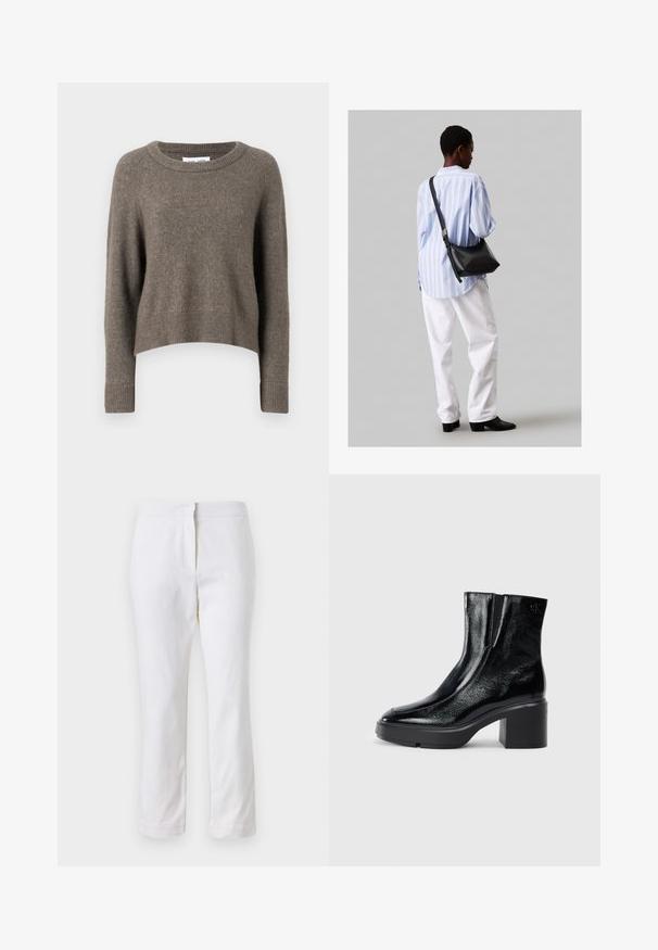 Tumši brūns, īss svīteris, izgatavots no mīksta materiāla, ar apaļu kakla izgriezumu, garām piedurknēm un ribota apakšmala un piedurkņu galiem.; Baltas kokvilnas bikses ar taisnu kāju dizainu, ar vidēju augstumu un bez redzamām detaļām vai rakstiem. Visā virsmā ir gluda tekstūra.; Melnas lakotas ādas potītes zābaki ar izliekto purngalu, elastīgām sānu paneļiem un masīvu blokveida papēdi. Aizmugurē ir izsistā logo.; Melna ādas plecu soma ar mīkstu tekstūru, trīsstūra formu un regulējamu siksnu, apvienota ar gaiši zilu svītrotu krekli un baltām biksēm.