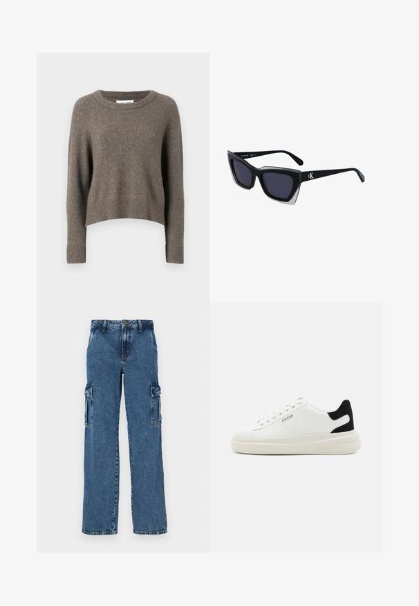 Pulover scurt, de culoare maro închis, confecționat dintr-un material moale, având guler rotund, mâneci lungi și tivuri cu dungi. Mâneci și tivuri ribbed.; Pantaloni cargo din denim albastru, cu o croială relaxată, care prezintă două buzunare laterale, cusături întărite și un design cu picior drept.; Adidași din piele albă cu o talpă groasă albă, accent de călcâi din suede negru și logo embosat pe lateral. Design cu șireturi și șase orificii.; Ochelari de soare supradimensionați, negri, cu o formă geometrică, având lentile întunecate și un detaliu gri contrastant pe ramă. Logo pe braț.
