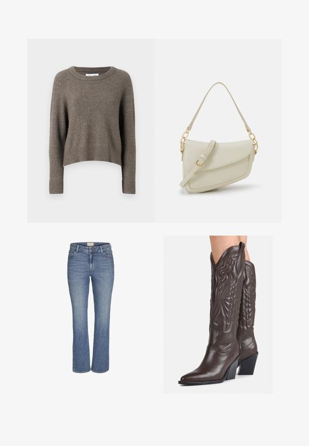 Tamno smeđi skraćeni pulover od mekog materijala, s okruglim izrezom, dugim rukavima i rebrastim manžetama i rubom.; Srednje plave traperice ravnog kroja s prednjim gumbom i patentnim zatvaračem, petljama za remen te prednjim i stražnjim džepovima.; Smeđe kožne kauboj čizme s šiljastim vrhom i blok-potpeticom, s detaljno izvezenim šavovima i uzdignutim naglascima na okovu.; Mala krem torbica s teksturiranim finišom, dugačkim podesivim remenom, lančanim detaljem i preklopom. Zlaćani hardver.; Srebrne naušnice s obručima i uvijenim dizajnom, s poliranim završetkom i pričvršćivanjem na stražnjoj strani. Mjere otprilike 3 cm u promjeru.