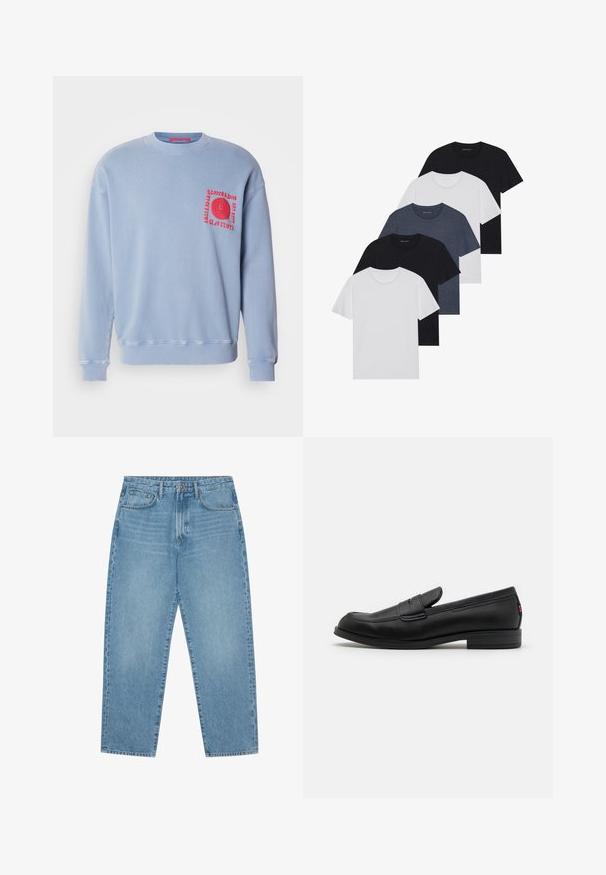 Jasnoniebieska bluza z długimi rękawami, okrągłym dekoltem i ściągaczami. Posiada czerwoną haftowaną grafikę w okolicy kieszeni na piersiach.; Zestaw pięciu koszulek w kolorach czarnym, białym i granatowym. Wykonane z bawełny, z krótkimi rękawami, klasycznym dekoltem i gładką fakturą, bez wzorów.; Jasnoniebieskie dżinsowe spodnie o szerokich nogawkach i wysokim stanie, z pięcioma kieszeniami, szlufkami na pasek oraz miękką, lekko przytłumioną fakturą.; Czarne skórzane loafersy o gładkim wykończeniu, zaokrąglonym czubku i małym dekoracyjnym klapku. Posiadają niską, warstwową podeszwę oraz subtelny detal z brandingiem.