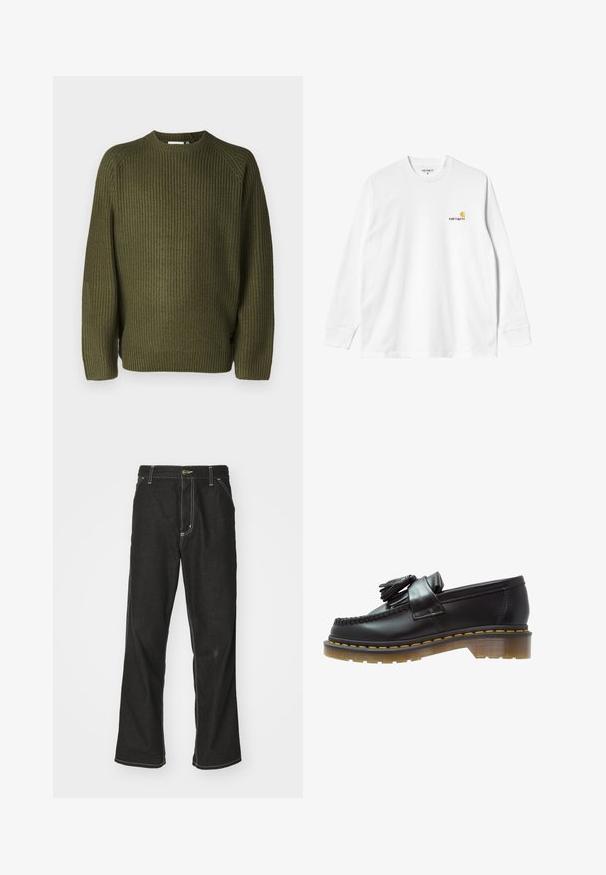 Carhartt WIP FORTH SWEATER - Trui - capulet; Witte katoenen T-shirt met lange mouwen en ronde hals, met een klein geel en bordeaux logo op de linkerborst. Naadloze manchetten en zoom.; Zwarte denim jeans met een losse pasvorm, voorzien van contrasterende witte stiksels, een knoopsluiting en een recht ontwerp.; Zwarte leren instappers met een gestructureerde afwerking, voorzien van een decoratieve kwast en contrasterende gele stiksels, op een chunky, transparante zool.