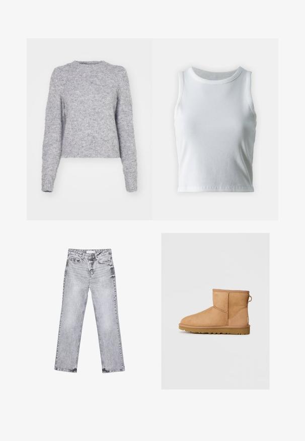 Maglione grigio in maglia con colletto rotondo, maniche lunghe e una texture morbida e pelosa. Presenta un orlo corto con una vestibilità leggermente oversized.; Top a canotta bianco a coste con scollatura rotonda e senza maniche, caratterizzato da un orlo dritto e una texture liscia e elastica.; Jeans in denim grigio con taglio dritto, dettagli sfilacciati, cinque tasche e rivetti in rame. La cintura presenta un'etichetta con il logo.; Stivali ankle in suede color tan con punta tonda, dettagli cuciti, linguetta sul retro e suola in gomma texture. Progettati per comfort e calore.