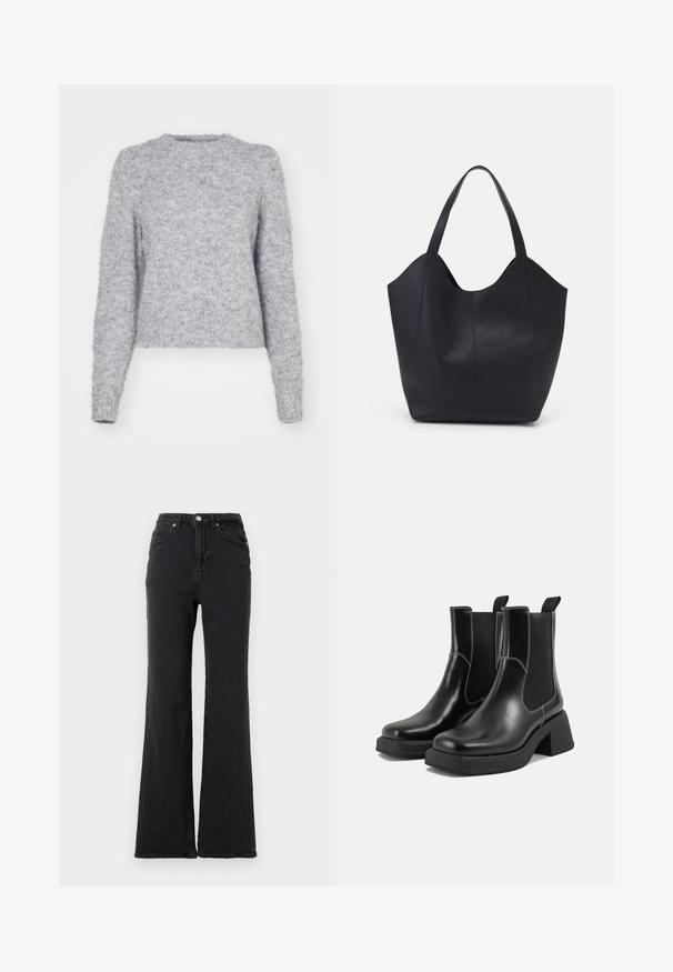 Pulover gri din tricot, cu guler rotund, mâneci lungi și o textură moale, pufoasă. Are un tiv scurtat și o croială ușor largă.; Jeanși negri din denim cu talie înaltă, cu picior evazat, nasture frontal și design cu cinci buzunare, pe un fundal alb simplu.; Botine Chelsea din piele neagră, cu toc masiv, panouri laterale elastice și cusături albe contrastante. Finisaj texturat.; Geantă de umăr neagră, realizată din piele netedă, cu un design minimalist, având un vârf deschis curbat și două mânere pentru umăr.