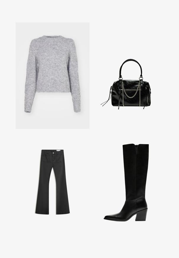 Pulover gri din tricot, cu guler rotund, mâneci lungi și o textură moale, pufoasă. Are un tiv scurtat și o croială ușor largă.; Blugi negri evazați din denim cu o textură netedă, având două buzunare la spate și închidere cu buton la talie.; Cizme negre până la genunchi, fabricate din piele netedă, cu vârf ascuțit, toc pătrat și o decupare în formă de V în partea de sus.; Bershka WITH CHAIN - Geantă de mână - black