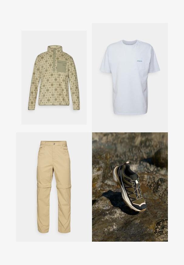 Pullover in pile di colore beige chiaro con motivi geometrici verdi, colletto con zip a metà e taschino sul petto. Tessuto morbido con vestibilità rilassata.; T-shirt bianco in cotone con maniche corte, scollo rotondo e tasca sul petto sinistro con il logo "Patagonia" blu. Vestibilità classica con una texture liscia.; Pantaloni beige con zip-off, in tessuto morbido, dotati di due tasche laterali, chiusura con bottone e orli arrotolabili per maggiore versatilità.; Scarpe da escursionismo in verde oliva e nero con dettagli rosa. Presentano una parte superiore testurizzata, suola flessibile, puntale rinforzato e un vivace sistema di allacciatura.