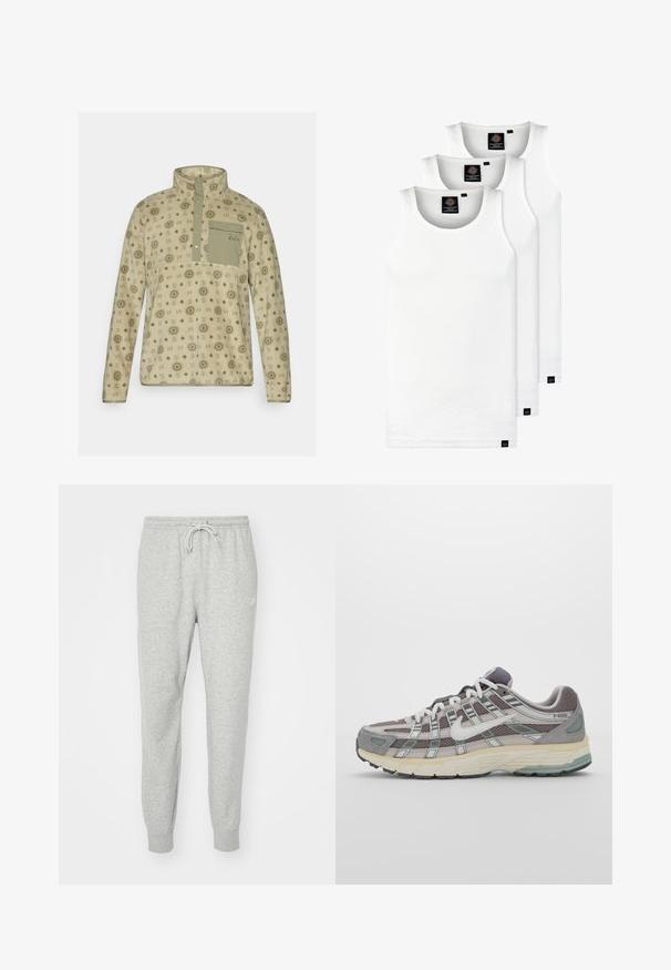 Pullover in pile di colore beige chiaro con motivi geometrici verdi, colletto con zip a metà e taschino sul petto. Tessuto morbido con vestibilità rilassata.; Tre canotte bianche a coste in cotone. Presentano un colletto rotondo e piccole etichette nere vicino all'orlo. Disponibile in diverse taglie.; Pantaloni della tuta grigi realizzati in materiale morbido, con vita elasticizzata, chiusura con cordoncino e polsini a coste. Presenta un piccolo logo sul lato.; Scarpa sportiva grigia con tomaia in mesh e suede, dettagli bianchi, suola ammortizzata e un design distintivo con elementi riflettenti.