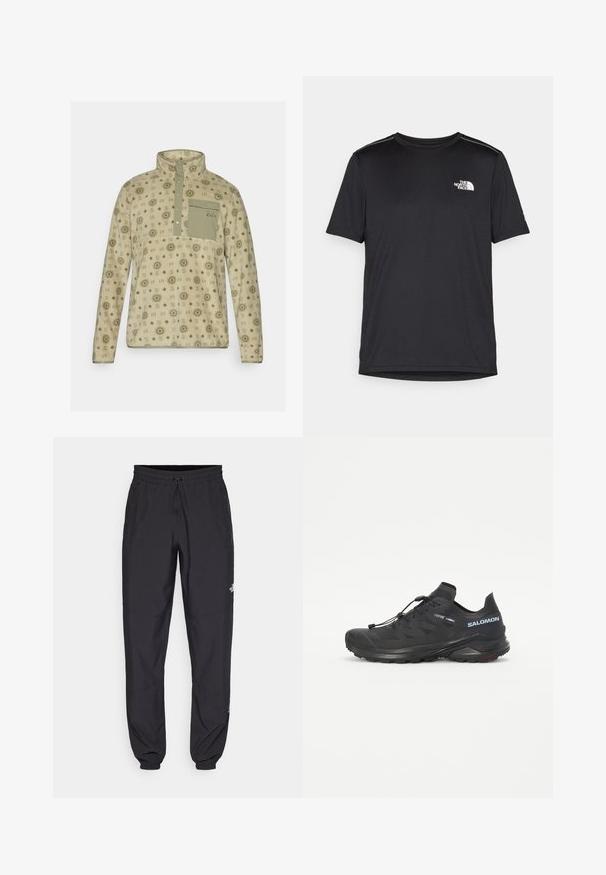 Fleece-Pullover in Hellbeige mit grünen geometrischen Mustern, halber Reißverschlusskragen und einer Brusttasche. Weiche Textur mit lässiger Passform.; Schwarzes T-Shirt mit kurzen Ärmeln aus leichtem Stoff. Mit einem kleinen weißen Logo auf der linken Brust und dezenten Akzenten an den Schultern.; Schwarze Sporthosen aus leichtem Stoff, mit einem Kordelzugbund, seitlichen Taschen und schmal zulaufenden Bündchen an den Knöcheln.; Schwarzer Trailschuh zum Laufen mit einer strukturierten Oberseite, elastischen Schnürsenkeln und Contagrip-Außensohle. Bietet eine eng anliegende Passform und eine schützende Zehenkappe.