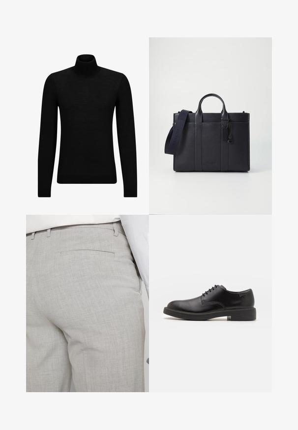 Črna turtleneck pulover iz mehkega materiala, z dolgimi rokavi in tesnim prileganjem. R ibana obroba na robu in rokavih. Preprosta zasnova.; Svetlo sive hlače po meri iz teksturirane tkanine, z enim zadnjim žepom in čistim šivom.; Črne usnjene čipkaste čevlje z zaobljenim nosom, gladko teksturo, minimalnim šitjem in nizkim gumijastim peto. Logo na peti.; Temno mornarsko usnjeno aktovko z dvema zgoraj ročaji in odstranljivim trakom. Ima teksturirano površino, navpične šive in podrobnost z logotipom.