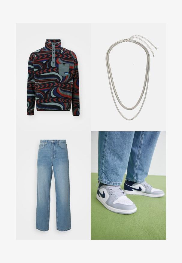 KAVU TEANNAWAY - Felpa in pile - multi-coloured; Jeans in denim azzurro chiaro a vita alta con gamba dritta, chiusura frontale con bottone e styling a cinque tasche su sfondo uniforme.; Sneaker in pelle grigia e bianca con dettagli blu navy, dotate di punta forata, lacci e suola in gomma texturizzata, indossate con pantaloni di jeans blu.; Collana in metallo argentato a tre strati caratterizzata da catene sottili e flessibili con una leggera lucentezza, fissata con un gancio a molla e una catena regolabile.