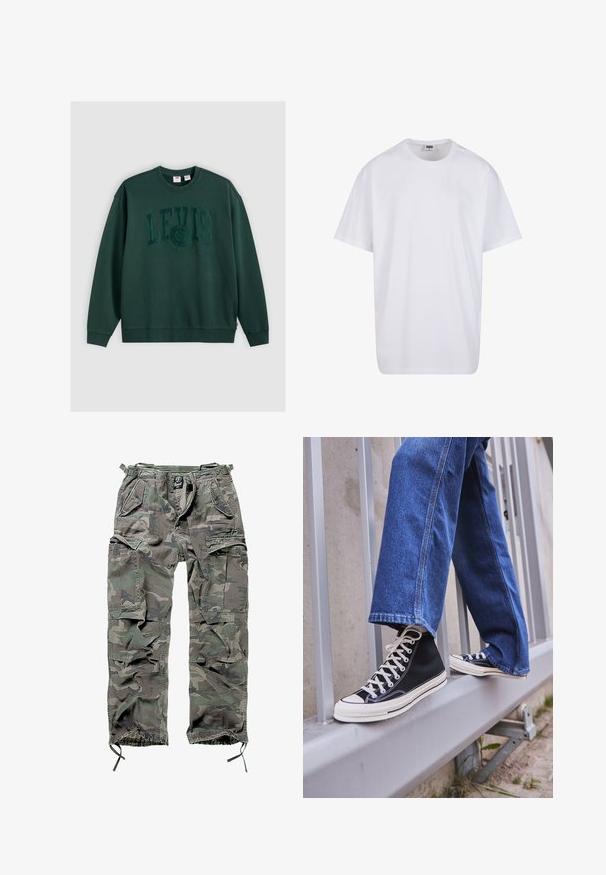 Dark green sweatshirt made of cotton, featuring a large embossed "LEVI'S" logo centered on the front, with ribbed cuffs and hem.; White cotton t-shirt with short sleeves, rounded neckline, relaxed fit, and no visible logos or patterns. Smooth texture and minimal design.; Camo cargo pants in green and gray, featuring multiple pockets, elastic waistband, adjustable ankle cuffs, and a relaxed fit.; Black high-top sneakers with white sole and laces, paired with loose blue denim jeans, resting on a gray railing.