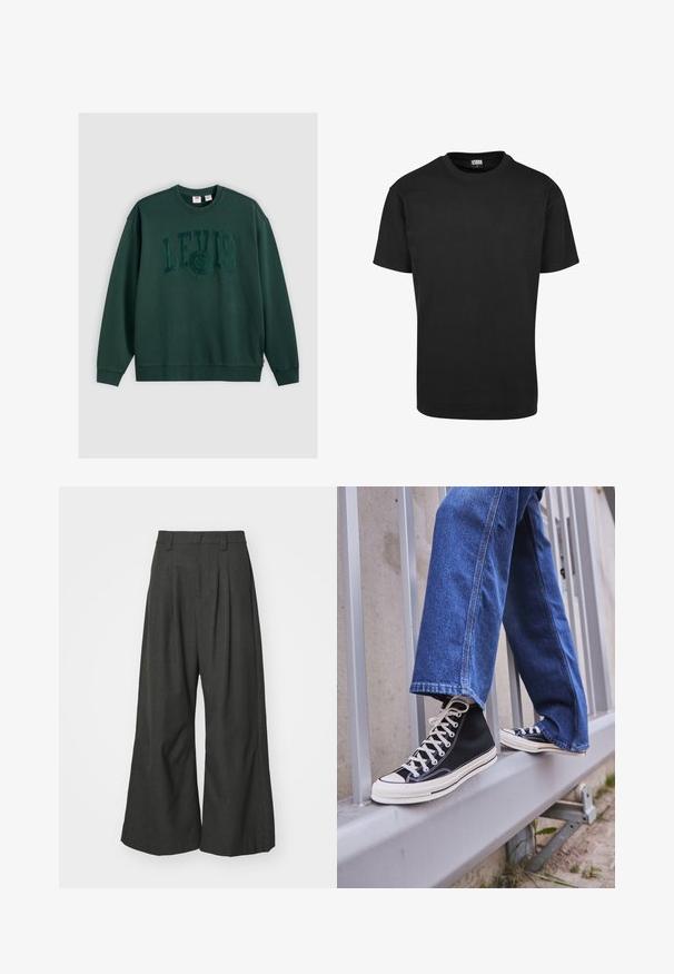 Felpa verde scuro in cotone, con un grande logo in rilievo "LEVI'S" centrato sulla parte anteriore, dotata di polsini e orlo a costine.; Maglietta nera in cotone con colletto rotondo, maniche corte e orlo dritto. Texture liscia; design semplice e privo di decorazioni.; Jaded London GOLIATH TROUSER UNISEX - Pantaloni - grey; Scarpe da ginnastica nere alte con suola e lacci bianchi, abbinate a jeans di denim blu larghi, appoggiate su un parapetto grigio.