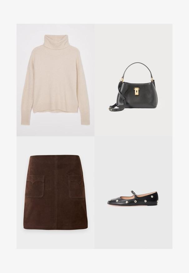 Tiger of Sweden PAXI - Neule - eggshell; Ruskea mokkanahkainen hame, jossa on klassinen A-linjainen malli, kaksi etutaskua pyöreillä läpillä ja hienovaraisia ommeltyöstöjä.; Musta nahkainen Mary Jane -tyylinen tasapohjakenkä, jossa on pyöreä varvas. Kenkässä on hopeisia pyöreitä niittejä ja säätöremmi, jossa on solki.; Mustikka nahkalaukku, jossa on tekstuuripinta, kultainen lukitus, lyhyt kahva ja irrotettava olkahihna.