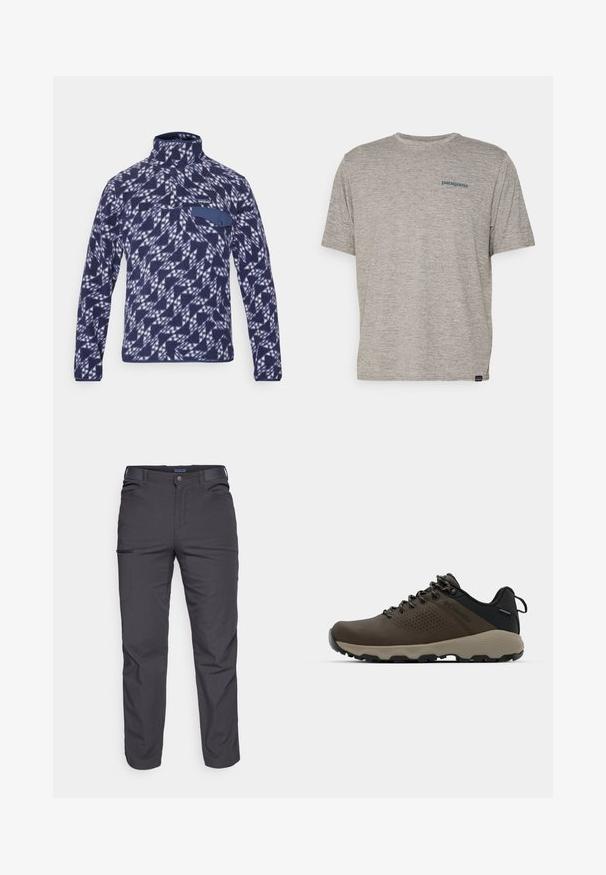 Patagonia SNAP - Fleecepullover - new navy; Graues T-Shirt mit kurzen Ärmeln, aus weichem, strukturiertem Stoff, mit einem kleinen blauen Patagonia-Logo auf der linken Brust. Keine zusätzlichen Muster.; Dunkelgraue Hose aus strapazierfähigem Material, mit einer Reißverschlusstasche, geradem Schnitt und Gürtelschlaufen für eine verstellbare Passform.; Braune wasserdichte Sneakers mit einer strukturierten Oberseite, perforierten Akzenten, schwarzem Fersenschutz und einer grauen Gummisohle. Die Schnürsenkel sind mit metallischen Enden gestaltet.