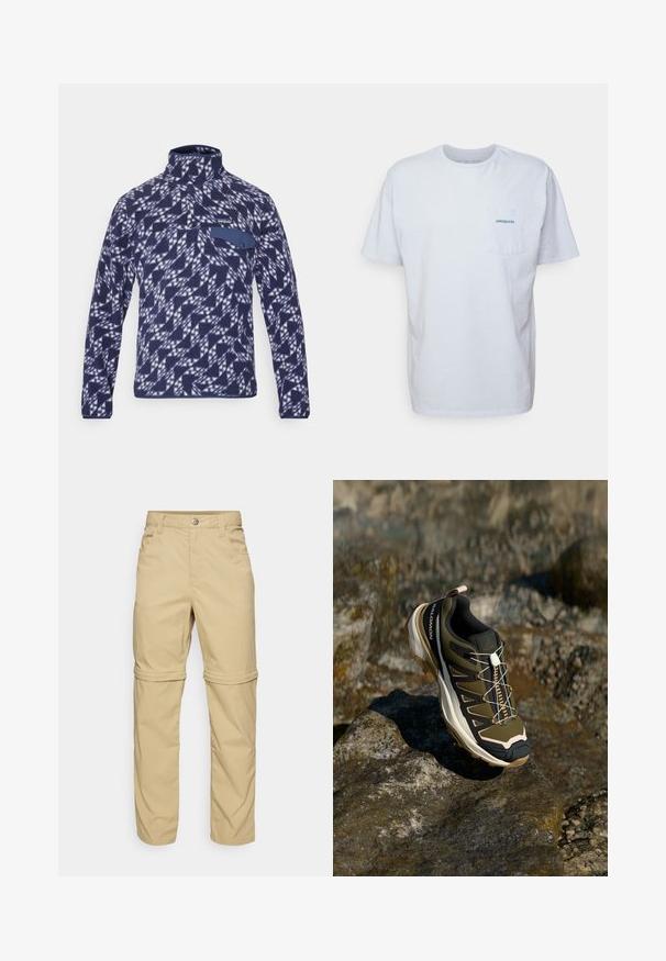Patagonia SNAP - Flīsa džemperis - new navy; Balts kokvilnas T-krekls ar īsām piedurknēm, apaļu kakla izgriezumu un kreisajā krūtī kabatu ar zilu "Patagonia" logotipu. Klasiska piegriezuma ar gludu struktūru.; Beige izņemamās bikses ar gludu tekstūru, kas aprīkotas ar divām sānu kabatām, pogu aizdari un ar iespēju uzrullēt piedurknes, lai nodrošinātu daudzveidību.; Tūrisma apavi olīvzaļā un melnā krāsā ar rozā akcentiem. Iespējas ietver teksturētu virsu, elastīgu zoli, pastiprinātu purngalu un krāsainu šņorējuma sistēmu.