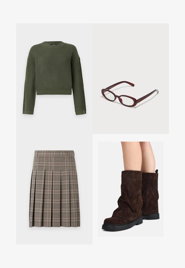 Zielony sweter z dzianiny z okrągłym dekoltem, w krótkim fasonie i teksturowanym wzorze. Długie rękawy z ściągaczami u dołu i na mankietach.; Szara spódnica w kratę z plisami, z miksu ciemnych i jasnych odcieni oraz subtelnymi różowymi liniami. Uszyta z teksturowanej tkaniny z elastycznym pasem.; Brązowe zamszowe botki do połowy łydki z czarnymi gumowymi podeszwami noszone na nagich nogach, z lekkim marszczeniem na cholewkach.; Owalne czerwone okulary przeciwsłoneczne z przezroczystymi soczewkami i eleganckimi brązowymi oprawkami. Projekt charakteryzuje się subtelnymi krzywiznami i minimalną ilością elementów metalowych.