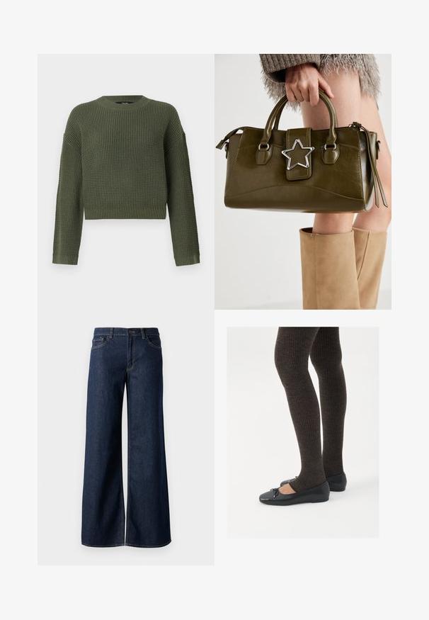 Grøn strikket sweater med rund hals, cropped pasform og tekstureret mønster. Lange ærmer med ribbede manchetter og kant.; Bredde ben jeans i mørkeblå denim. Har kontrastsyninger, fem lommer og en knaplukning i taljen. Glat tekstur.; Sorte flade sko med en lille sløjfedetalje ved tåen, parret med mørkebrune ribbede strømpebukser. Skoene har en glat overflade og lav profil.; Olivengrønt faux læder håndtaske med sølvstjerne accent, dobbelt håndtag og lynlås lukning. Teksturopfald og struktureret form.