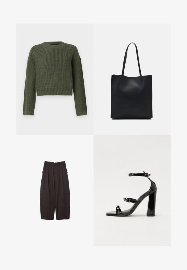 Zelený pletený svetr s kulatým výstřihem, krátkým střihem a texturovaným vzorem. Dlouhé rukávy s žebrovanými manžetami a lemem.; Černé široké kalhoty vyrobené z hladkého materiálu, s vysokým pasem, předními sklady a bočními kapsami. Jednoduchý design bez ozdob.; Černé lakované sandály na podpatku se čtveratou špičkou, lýtkovými pásky a stříbrnými přezkami. Disponují masivním blokovým podpatkem pro stabilitu.; Černá kožená taška přes rameno s hladkým povrchem, obdélníkovým tvarem a dvěma dlouhými uchy. Žádné viditelné kování ani ozdoby.