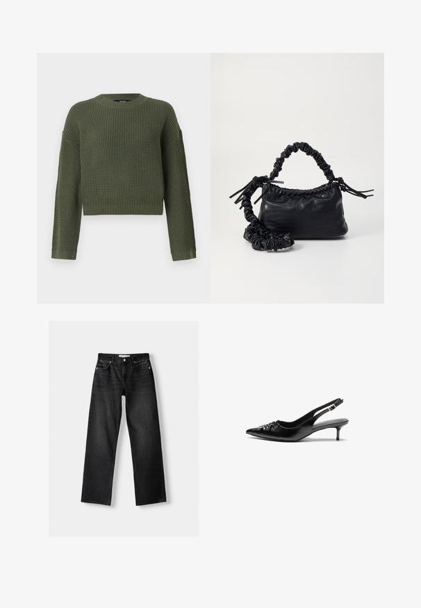 Grüner gestrickter Pullover mit Rundhalsausschnitt, verkürztem Schnitt und strukturiertem Muster. Lange Ärmel mit gerippten Manschetten und Saum.; Bershka Jeans Straight Leg - mottled dark grey; Schwarze Leder-Slingback-Absätze mit einer spitzen Zehenform, kleinen Kitten-Absätzen und einem dekorativen Knoten-Detail auf der Vorderseite. Glatte Textur über die gesamte Fläche.; Schwarze Handtasche aus Kunstleder mit Krokodilstruktur, gerafftem oberen Teil und einem geschoppten Tragegurt. Sie wirkt weich und kompakt im Design.