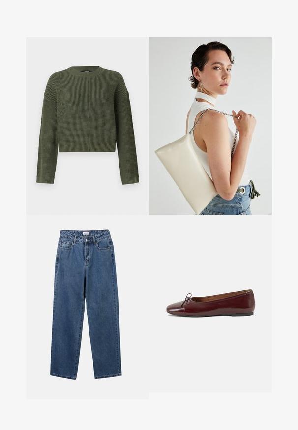 Žalias megztinis su apvalia iškirpte, trumpu siluetu ir tekstūruotu raštu. Ilgos rankovės su megztomis rankogaliais ir apačia.; Klasikiniai mėlynos džinsinio audinio džinsai su tiesiomis kojomis, penkiomis kišenėmis ir mygtukų uždarymu. Pasižymi vidutiniu skalbimu ir tvirtu audiniu.; Bordo lakiotos odos baleto bateliai su apvalia nosimi, maža kaspinėlio akcentu priekyje ir žema juoda guma padanga. Lygi tekstūra.; Balta, stačiakampio formos rankinė pagaminta iš blizgaus medžiagos, su sidabriniu virvute. Modelis pozavo, demonstruodamas rankinę prieš paprastą foną.