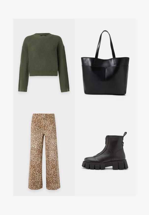 Zöld kötött pulóver kerek nyakkal, cropped fazonnal és texturált mintával. Hosszú ujjakkal, bordás mandzsettával és aljjal.; Leopárdmintás, bézs és barna árnyalatú, bőszárú nadrág, klasszikus derékrésszel, gombos záródással és öt zsebes kialakítással.; Fekete bőr bokacsizma vastag, bordázott talppal, oldalsó cipzárral és hátsó húzófüllel. Simább felület és letisztult dizájn.; Fekete bőr bevásárlótáska két hosszú fogantyúval, sima felülettel és strukturált formával. Elülső zseb található rajta a plusz tárolás érdekében.