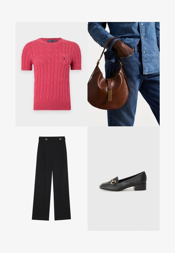 Koraļļu krāsas īsroku džemperis ar pīto rakstu, apaļu kakla izgriezumu, ribotiem apkakli un apakšu, ar mazu krūšu kabatu un logotipa detaļu.; Melnas platās bikses ar augstu jostasvietu, pogu detaļām uz jostas un priekšējām krokām.; Melnas ādas loafers ar plakanu papēdi, kurām priekšā ir dekoratīvs zelta aparatūras elements un gluda tekstūra.; Brūna ādas hobo soma ar noapaļotu formu, ar zelta aparatūras akcentu un kontrastējošiem diegiem. Apvienota ar džinsa kreklu un džinsiem.