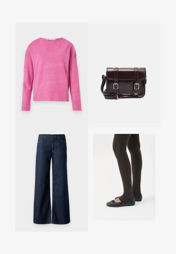 Roze gebreide trui met een V-hals, lange mouwen, geribbelde manchetten en een zachte textuur. Het ontwerp heeft een iets losse pasvorm.; Stijlen met wijde pijpen in donkerblauw denim. Kenmerkt zich door contrasterende stiksels, vijf zakken en een knoopsluiting in de taille. Soepele textuur.; Zwarte platte schoenen met een kleine strikdetail op de neus, gecombineerd met donkerbruine geribbelde panty’s. De schoenen hebben een gladde textuur en een lage profiel.; Bordeaux patent leren crossbody tas met een rechthoekige vorm, twee banden, zilveren hardware en een klep sluiting.