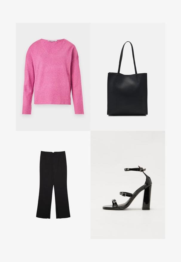 Różowy sweter dziany z dekoltem w serek, długimi rękawami, ściągaczami przy mankietach i miękką teksturą. Projekt cechuje się nieco luźnym krojem.; Czarne spodnie o prostym kroju, z przednimi kieszeniami i bocznymi rozcięciami na dole. Wykonane z miękkiego, gładkiego materiału. Odpowiednie na różne okazje.; Czarne lakierowane sandały na obcasie z kwadratowym noskiem, z paskami wokół kostki i srebrnymi klamrami. Posiadają masywny słupek dla stabilności.; Czarna skórzana torba tote o gładkiej fakturze, prostokątnym kształcie i dwóch długich uchwytach. Brak widocznych elementów metalowych i ozdób.
