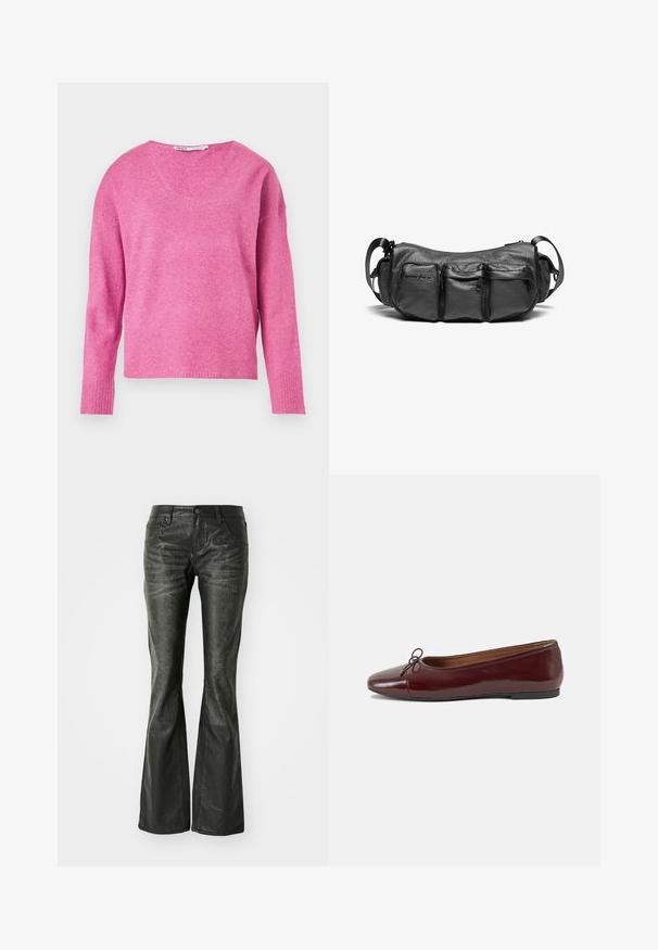 Roze gebreide trui met een V-hals, lange mouwen, geribbelde manchetten en een zachte textuur. Het ontwerp heeft een iets losse pasvorm.; Zwarte nepleer flared jeans met voorzakken, een metalen knoopsluiting en een licht gestructureerd oppervlak. Rechte pijpen met een lange snit.; Bordeaux gepatenteerd lederen ballerina met een ronde neus, een klein strikaccent aan de voorkant en een lage, zwarte rubberen zool. Glad textuur.; Zwarte leren schoudertas met een gestructureerde afwerking. Beschikt over drie buitenzakken en een verstelbare schouderband. Compacte, ronde vorm.
