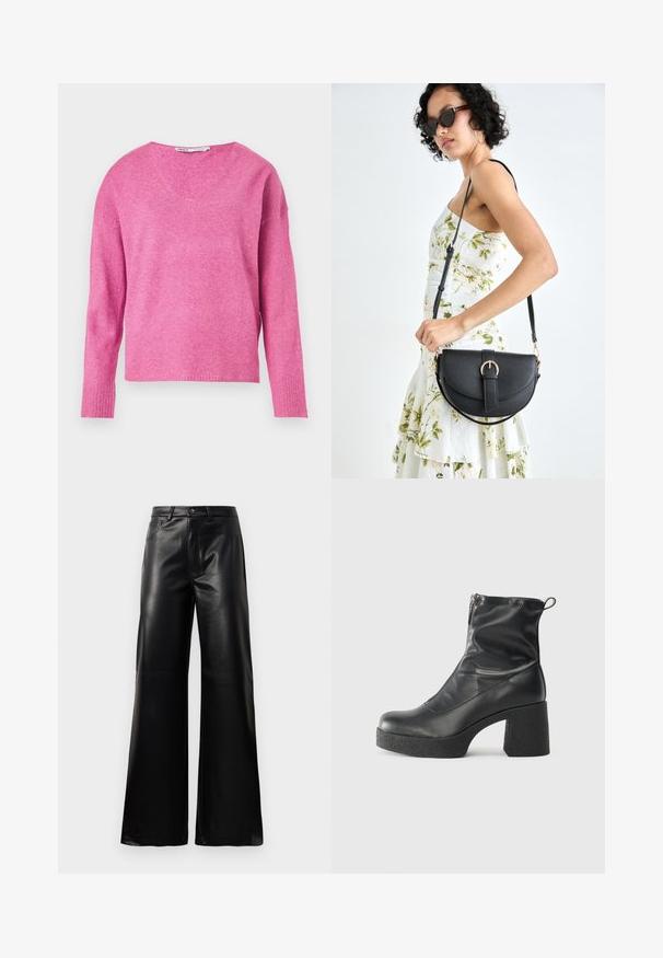 Rózsaszín kötött pulóver V-nyakkal, hosszú ujjak, bordás mandzsetták és puha textúra. A dizájnja kissé laza szabását emeli ki.; Fekete, magas derekú, széles lábú, műbőr nadrág elülső gombbal, cipzárral, övbújtatókkal és oldalsó zsebekkel, fehér háttérrel.; Fekete bokacsizmák sima bőrből, oldalsó cipzárral, vastag, texturált sarkú és lekerekített orrú dizájnnal.; Fekete bőrtáska ívelt formával, levehető pánttal és arany színű fémrészekkel. A táskán egy csattal díszített fedél található.