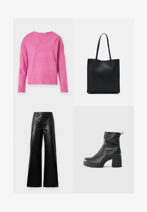 Rosa gestrickter Pullover mit V-Ausschnitt, langen Ärmeln, gerippten Bündchen und einer weichen Textur. Das Design hat eine leicht lockere Passform.; Schwarze leichte, weit geschnittene, hochtaillierte Kunstlederhose mit vorderem Knopf, Reißverschluss, Gürtelschlaufen und Seitentaschen auf weißem Hintergrund.; Schwarze Stiefeletten aus glattem Leder mit seitlichem Reißverschluss, klobigem strukturiertem Absatz und runder Zehenform.; Schwarze Laptoptasche aus Leder mit glatter Textur, rechteckiger Form und zwei langen Griffen. Keine sichtbaren Beschläge oder Verzierungen.