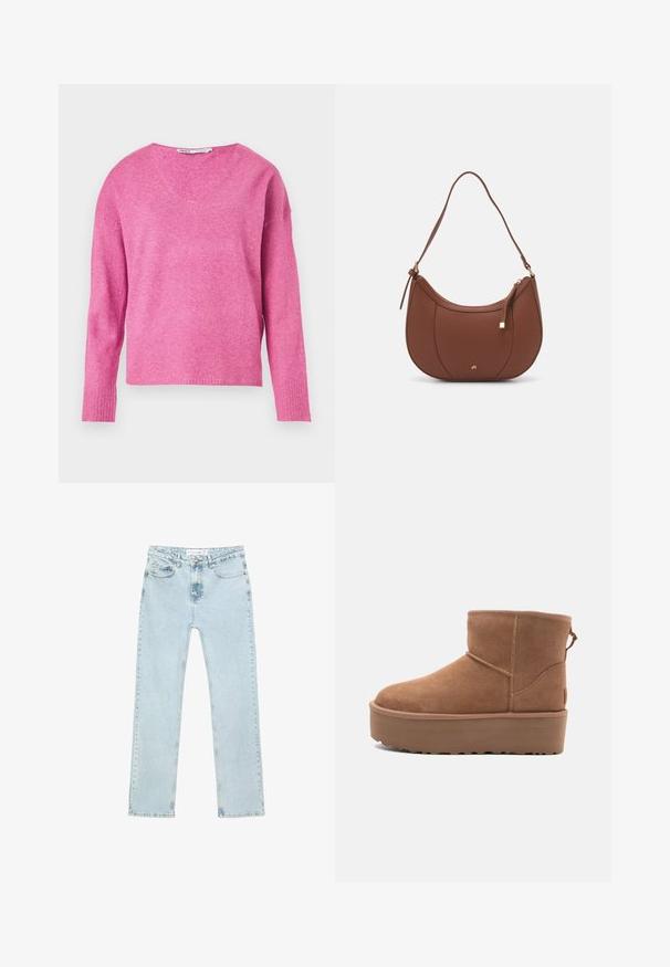 Różowy sweter dziany z dekoltem w serek, długimi rękawami, ściągaczami przy mankietach i miękką teksturą. Projekt cechuje się nieco luźnym krojem.; Jasnoniebieskie dżinsy o prostym kroju wykonane z denimu. Posiadają kieszenie z przodu, zamek błyskawiczny z guzikiem oraz widoczne przeszycia wzdłuż szwów.; Beżowe zamszowe botki za kostkę z platformą, zaokrąglonym noskiem i akcentami w postaci przeszyć; posiadają pętelkę z tyłu dla ułatwienia zakładania.; Brązowa torebka na ramię z eko-skóry o zaokrąglonym kształcie, z minimalnym przeszyciem i złotym akcentem na okuciach. Posiada zamek błyskawiczny u góry oraz regulowany pasek.