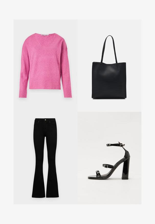 Rosa strikket genser med V-hals, lange ermer, ribbestrikkede mansjetter og en myk tekstur. Designet har en lett løs passform.; Sorte høytlivsjeans med knapp og glidelås, frontlommer og utsvingte bein liggende flatt på en hvit bakgrunn.; Svart høyglans sandaler med hæl, firkantet tå, ankelremmer og sølvspenner. Har en kraftig blokkhæl for stabilitet.; Svart lær tote bag med glatt tekstur, rektangulær form og to lange håndtak. Ingen synlige deler eller dekorasjoner.