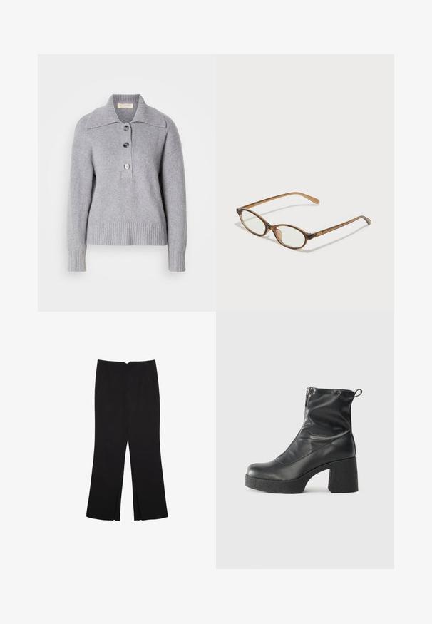 Sivkasta volnena jopica z rebrastim robom, oversized ovratnikom in tremi velikimi gumbi spredaj. Mehka tekstura. Priložnostna, sproščena kroja.; Črne hlače ravnega kroja z naglavnimi žepi in stranskimi razporki na robu. Narejene iz mehke, gladke tkanine. Primerne za različne priložnosti.; Črne gležnjarje iz gladke kože z božnim zadrgo, masivnim teksturiranim peto in zaobljeno obliko prstov.; Rjavo želvovina očala z ovalnimi lečami, tankimi ročaji in prosojnimi detajli. Imajo subtilen logo na templetu. Eleganten, lahek dizajn.
