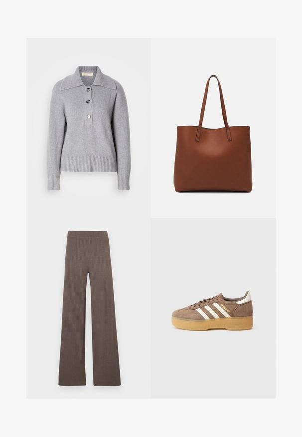 Pulover gri din lână cu tiv dantelat, guler supradimensionat și trei nasturi mari în față. Textură moale. Croi casual, lejer.; Pantaloni largi cu dungi late, de culoare maro închis, cu talie elastică și un material moale, texturat.; Pantof sport maro din piele întoarsă cu trei dungi albe, branding auriu și talpă din gumă texturată. Vârf rotunjit și guler căptușit pentru confort.; Geantă de umăr din piele maro cu o textură netedă, design cu vârf deschis și două curele pentru umăr. Prezintă cusături minime și fără componente metalice vizibile.