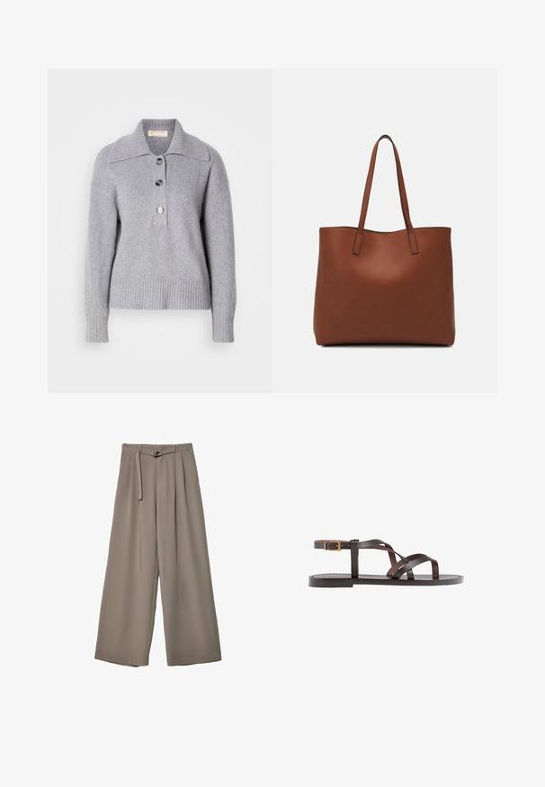 Sivkasta volnena jopica z rebrastim robom, oversized ovratnikom in tremi velikimi gumbi spredaj. Mehka tekstura. Priložnostna, sproščena kroja.; Široke hlače iz mehke, umirjene sive tkanine, z pasom, ki ga je mogoče zavezati, in z gubami za dodatne oblikovne podrobnosti. Gladka tekstura, brez vzorcev.; Rjav usnjen sandal z načinom prečnega črta, zaklepom okoli gležnja in ravnim podplatom z minimalnimi šivi.; Rjava usnjena torba z gladko teksturo, odprto zasnovo zgoraj in dvema naramnima trakovoma. Opremljena je z minimalnim šivanjem in brez vidnih kovinskih delov.