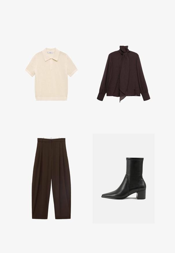 Mango VICTORIA mleczny; Bluzka z długim rękawem w ciemny brązowy kolorze, wykonana z pogniecionej tkaniny. Posiada wysoki kołnierz z detalem w postaci sznurka i mankiety. Gładka, lekka faktura.; Brązowe spodnie z wysokim stanem z zakładkami, wykonane z gładkiego materiału. Luźny krój, prosta nogawka, z różkami na pasek i suwakiem.; Czarny botek za kostkę wykonany z gładkiej skóry, z szpiczastym noskiem, słupkowym obcasem oraz wyraźnym podniesionym szwem na górnej krawędzi.