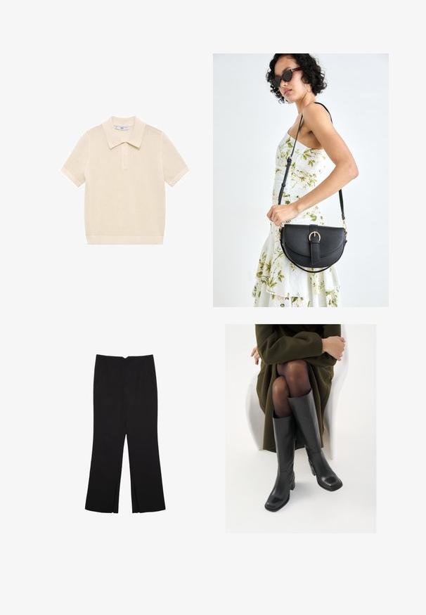 Mango VICTORIA - Polokošeľa - off-white; Čierne nohavice so strihom rovného strihu, s prednými vreckami a bočnými rozparkami na leme. Vyrobené z mäkkej, hladkej tkaniny. Vhodné na rôzne príležitosti.; Čierne kožené čižmy po kolená so štvrtým prstom a blokovým opätkom, zobrazené s modelom sediacim v olivovo zelenej bunde. Hladká textúra, minimálne detaily.; Čierna kožená kabelka s zaobleným tvarom, odnímateľným popruhom a zlatými doplnkami. Kabelka má klopu s detailom s prackou.