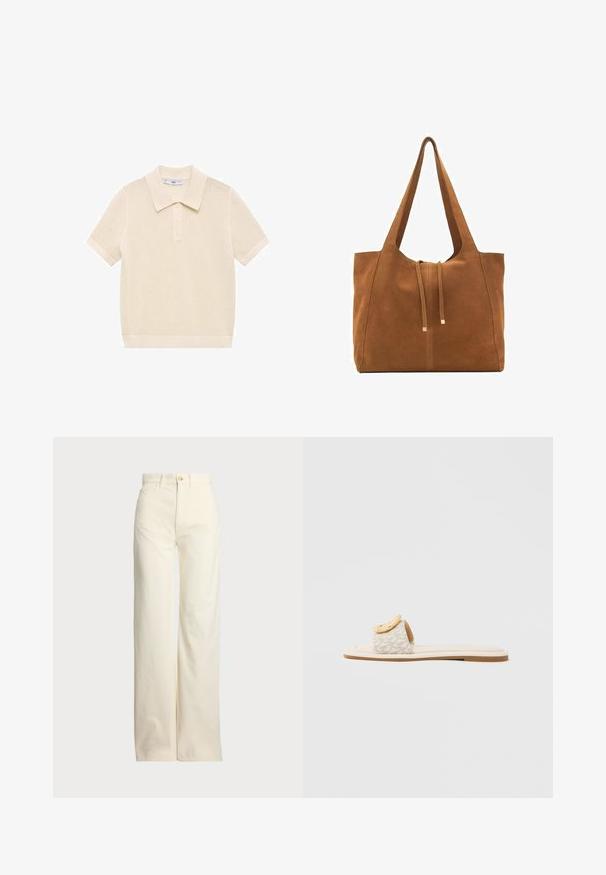 Mango VICTORIA - Polo majica - off-white; Polo Ralph Lauren COTTON CORDUROY WIDE-LEG PANT - Hlače - warm white; Natikač s bež trakom z geometrijskim vzorcem, zaobljenim rumenim poudarkom na zgornjem delu in ravnim, svetlim podplatom.; Rjava semiš torba z dvema dolgima ročajema, z vrvico za zapiranje in minimalističnim dizajnom. Gladka tekstura in brez vidnih kovinskih dodatkov.