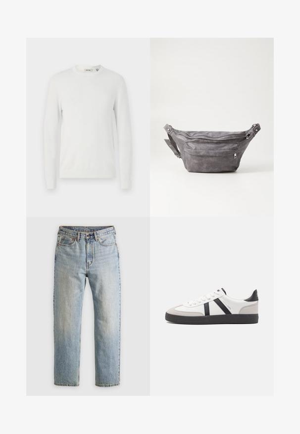 Only & Sons ONSALEX CREW NECK - Pulover - egret; Jeans din denim de culoare albastru deschis, cu talie înaltă, nasture frontal, fermoar și design cu cinci buzunare, așezate platesc pe un fundal neutru.; Sneaker alb cu accente negre și gri, având un capac de vârf gri texturat, talpă din cauciuc negru și șireturi plate albe. Design elegant, stil minimalist.; Borseta gri din suede, cu o formă rotunjită, două compartimente cu fermoar și curea ajustabilă. Are accente din metal.