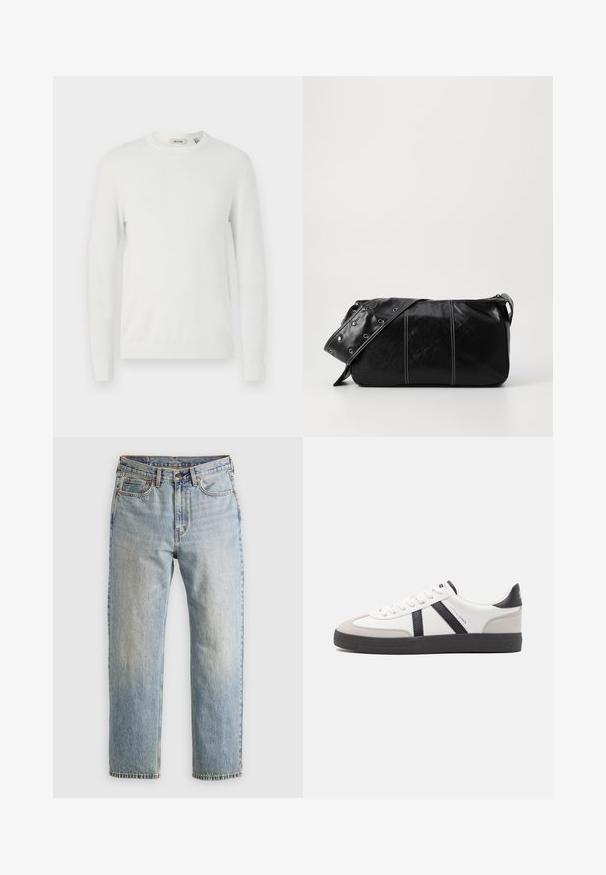 Only & Sons ONSALEX CREW NECK - Strickpullover - egret; Helle blaue Jeans mit hoher Taille, Frontknopf, Reißverschluss und fünf Taschen-Design, flach auf einem neutralen Hintergrund ausgelegt.; Weiße Sneaker mit schwarz- und grau-aczenten, ausgestattet mit einer strukturierten grauen Zehenkappe, schwarzer Gummi-Sohle und flachen weißen Schnürsenkeln. Sauberes Design, minimalistische Stil.; Schwarze Leder Schultertasche mit Reißverschluss, ausgestattet mit einer strukturierten Oberfläche, weißen Nähten und einem Tragegurt mit silbernen Ösen.