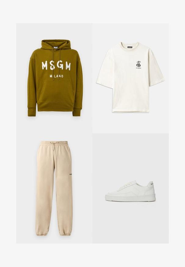 Olive green hoodie with "MSGM MILANO" text in white on front, featuring a front kangaroo pocket and drawstring hood.; Cream-colored oversized T-shirt made of cotton. Features short sleeves and a small black snake graphic on the left chest.; Beige sweatpants with an elastic waistband and drawstring, featuring a cuffed hem and minimal branding on the side. Smooth texture.; White leather sneaker with a smooth finish, round toe, flat laces, and a textured sole. Features a subtle logo on the heel.