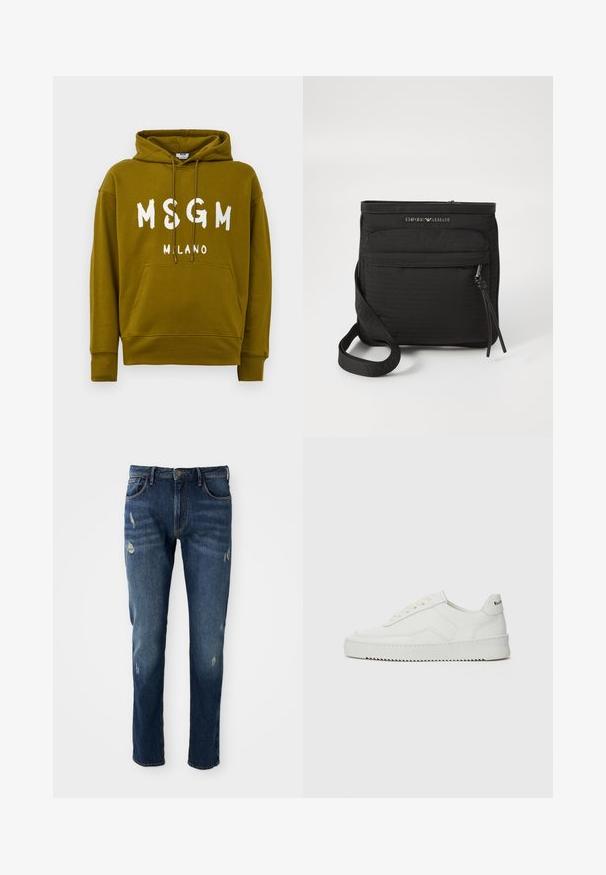 Olīvzaļš kapucis ar "MSGM MILANO" tekstu baltā krāsā priekšā, ar priekšējo kangaroo kabatu un ar auklu regulējamu kapuci.; Tumši zili denim džinsi ar šauru piegriezumu, neliela nodiluma vietas uz augšstilbiem un ceļgaliem, klasiskā piecu kabatu dizainā un pogu aizdare.; Baltas ādas sneakers ar gludu virsmu, apaļu pirkstu daļu, plakaniem šņorēm un teksturētu zoli. Satur diskrētu logotipu uz papēža.; Melnā Emporio Armani krūšu soma ar priekšējo rāvējslēdzēju, regulējamu siksniņu un logotipa detaļu uz tekstūrēta auduma.
