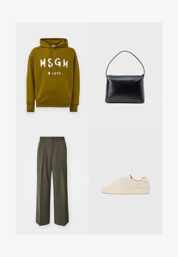 Olive green hoodie with "MSGM MILANO" text in white on front, featuring a front kangaroo pocket and drawstring hood.; Filippa K WIDE TROUSERS - Trousers - driftwood; Beige suede sneaker with a low-top design, round toe, flat laces, and a textured rubber sole. Minimalist style with no visible logos.; Black smooth leather handbag with a single curved handle and top zipper closure, shown against a plain white background.