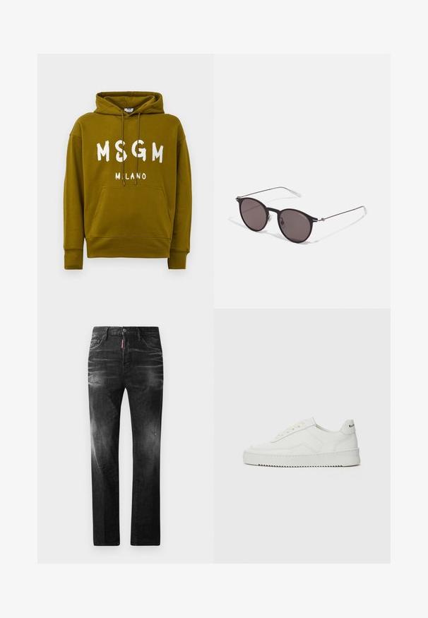 Oliivroheline kapuutsiga pusakw, mille esiosas on valgete tähtedega "MSGM MILANO" tekst, ja millel on esine kangaroo tasku ning nööriga kapuuts.; Mustad denim püksid otse lõikega. Omavad kulunud piirkondi, väikseid kahjustusi, klassikalist viit taskut ning nööpkinnitust.; Valge nahast tennis, millel on sile põhi, ümar varvas, lamedad nöörid ja tekstuuriline tall. Sisaldab diskreetset logo kontsaribal.; Mustad mustad prillid tumedate läätsedega ja õhukeste metallist käepidemetega. Kaarja kujuga seljaosa ja hõbedased aktsendid hingel. Minimalistlik disain.