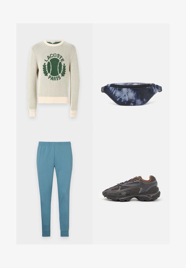 Gebreide trui in off-white met groen logo en tennismotief. Ronde hals, lange mouwen, geribbelde manchetten en zoom. Textuur, lichtgewicht stof.; Lichtblauwe joggingbroek van zachte stof, met een tapers ontwerp, elastische tailleband en afgewerkte boorden. Klein logo aan de zijkant.; Lacoste sneakers in donkergrijs van mesh en synthetisch materiaal, met een gestructureerde zool en bruine accenten op de kraag en branding.; Fanny pack in donkerblauw tie-dye print met een ritssluiting bovenaan, textuur materiaal en een opvallend logo op de voorkant.