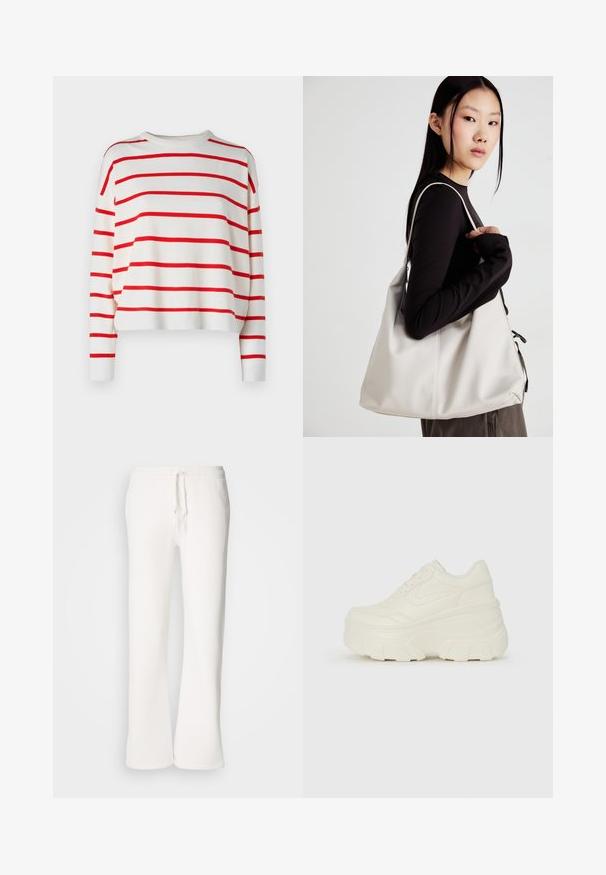 Weißer Pullover mit kräftigen roten horizontalen Streifen, geripptem Rundhalsausschnitt und langen Ärmeln. Der Stoff wirkt weich und leicht.; Weiße, locker sitzende Schlafanzughosen aus weichem Material, mit einem elastischen Bund und Kordelzug sowie geradem Bein.; Weiße Platform Sneakers mit einem glatten, lederähnlichen Obermaterial, abgerundeter Form, gepolstertem Kragen und strukturierten Gummisohlen mit ausgeprägten Stollen.; Beige Handtasche aus weichem Material, mit einem lässigen Design, gesteppten Details und zwei Schulterriemen. Geeignet für den täglichen Gebrauch.