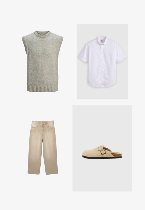 Lys grå strikket ærmeløs sweater vest med ribbet rund hals, armhuler og kant.; Kortærmet hvid skjorte i bomuld, med krave der kan knappes ned, subtil tekstur, buet kant og traditionel knaplukning.; Beige brede denim jeans med høj talje, der har en fransede kant, to frontlommer og subtile syninger.; Beige ruskinds-sandaler med korkfodseng, rund tå og en enkel rem med en guldfarvet spænde. Gummisål for godt greb.
